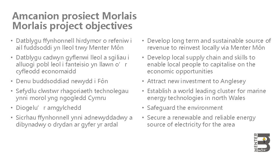 Amcanion prosiect Morlais project objectives • Datblygu ffynhonnell hirdymor o refeniw i ail fuddsoddi