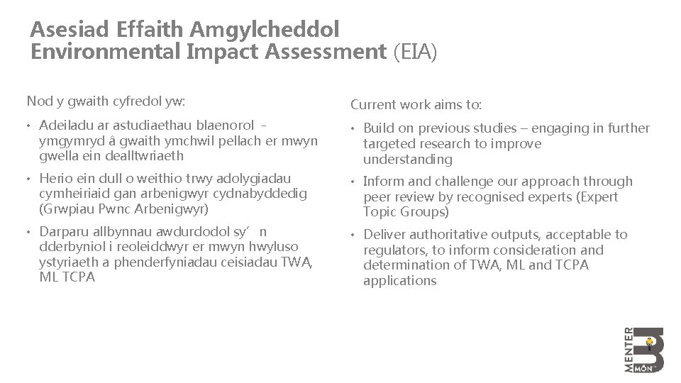 Asesiad Effaith Amgylcheddol Environmental Impact Assessment (EIA) Nod y gwaith cyfredol yw: Current work