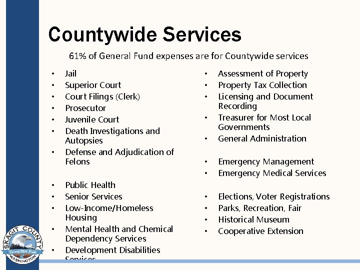 Countywide Services 61% of General Fund expenses are for Countywide services • • •