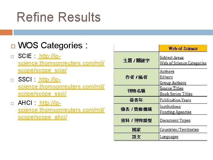 Refine Results WOS Categories： SCIE： http: //ipscience. thomsonreuters. com/mjl/ scope/scope_scie/ SSCI： http: //ipscience. thomsonreuters.