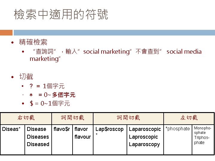 檢索中適用的符號 • 精確檢索 • “查詢詞”，輸入”social marketing”不會查到” social media marketing” • 切截 • ? =