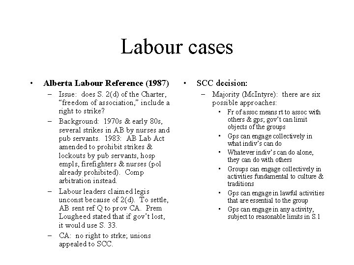 Labour cases • Alberta Labour Reference (1987) – Issue: does S. 2(d) of the