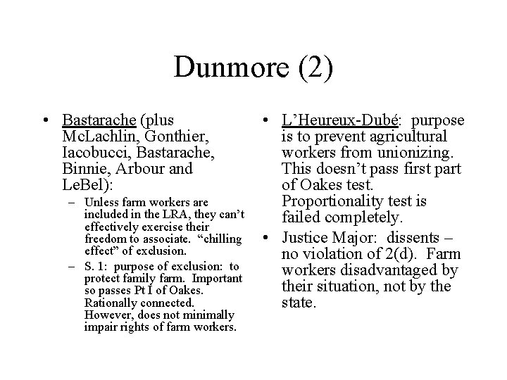 Dunmore (2) • Bastarache (plus Mc. Lachlin, Gonthier, Iacobucci, Bastarache, Binnie, Arbour and Le.