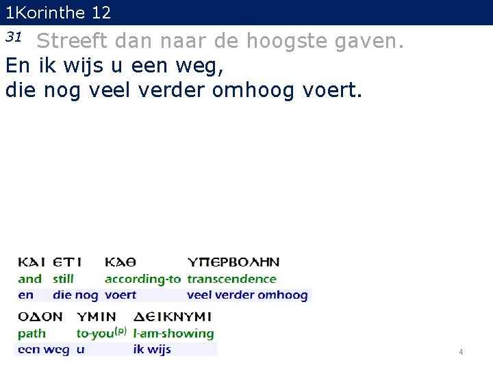 1 Korinthe 12 Streeft dan naar de hoogste gaven. En ik wijs u een