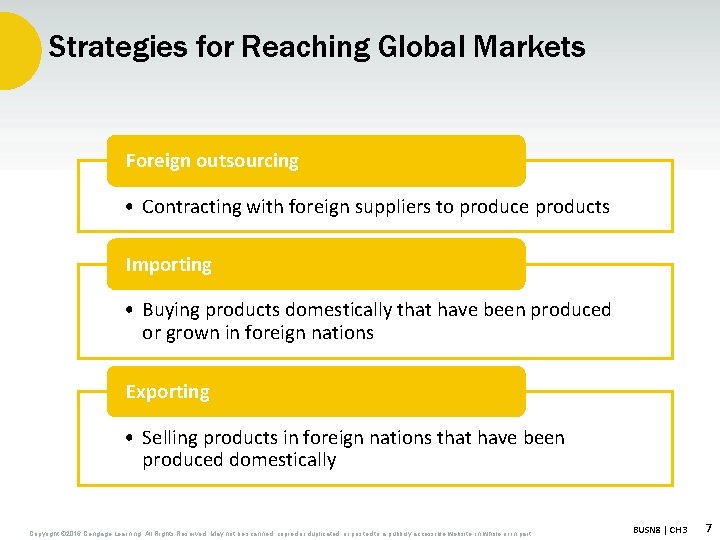 Strategies for Reaching Global Markets Foreign outsourcing • Contracting with foreign suppliers to produce