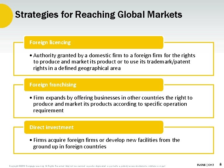 Strategies for Reaching Global Markets Foreign licencing • Authority granted by a domestic firm