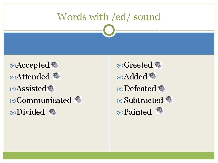 Words with /ed/ sound Accepted Greeted Attended Added Assisted Defeated Communicated Subtracted Divided Painted
