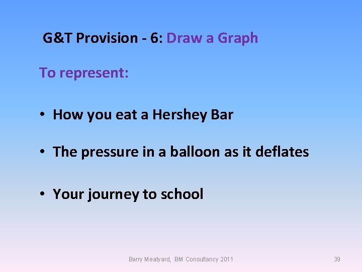  G&T Provision - 6: Draw a Graph To represent: • How you eat