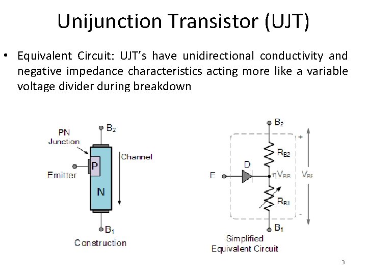 Unijunction Transistor (UJT) • Equivalent Circuit: UJT’s have unidirectional conductivity and negative impedance characteristics