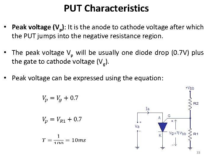 PUT Characteristics • Peak voltage (Vp): It is the anode to cathode voltage after