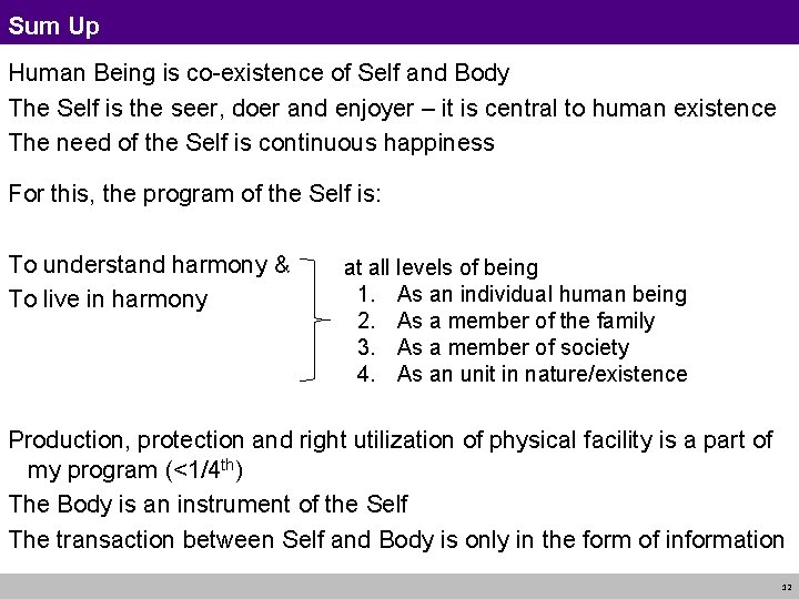 Sum Up Human Being is co-existence of Self and Body The Self is the