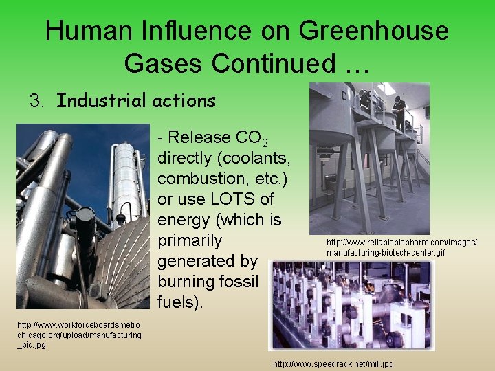 Human Influence on Greenhouse Gases Continued … 3. Industrial actions - Release CO 2