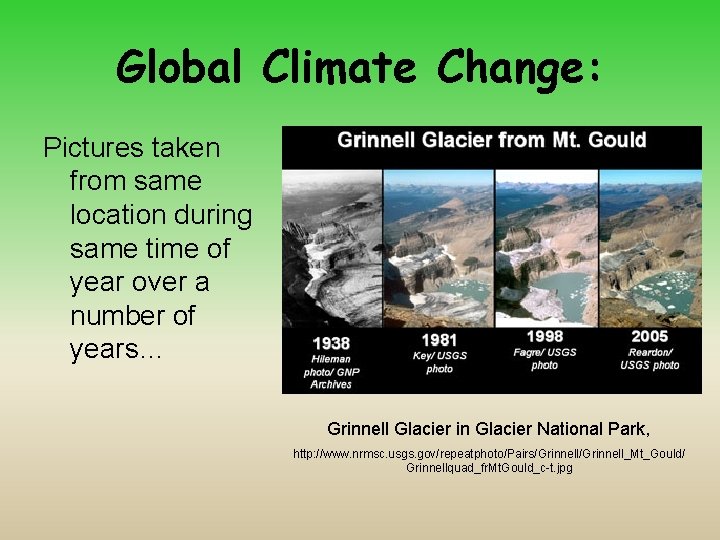 Global Climate Change: Pictures taken from same location during same time of year over