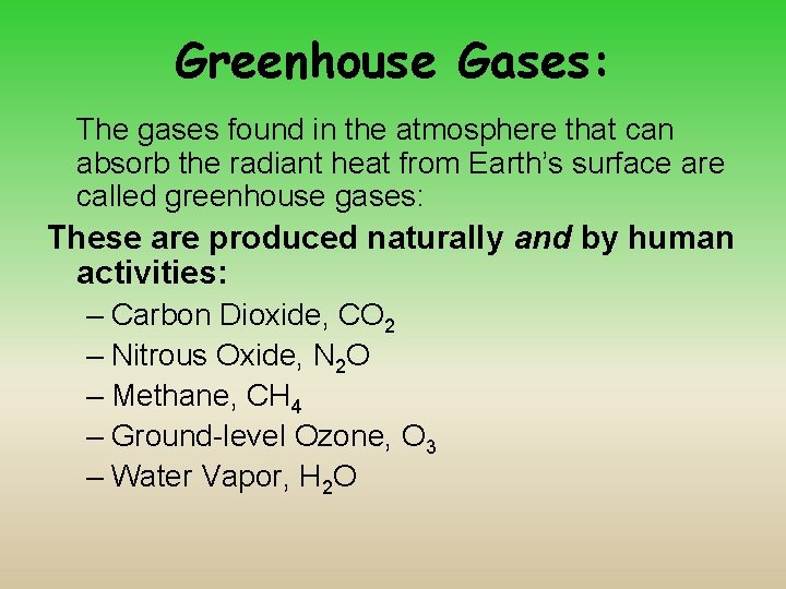 Greenhouse Gases: The gases found in the atmosphere that can absorb the radiant heat