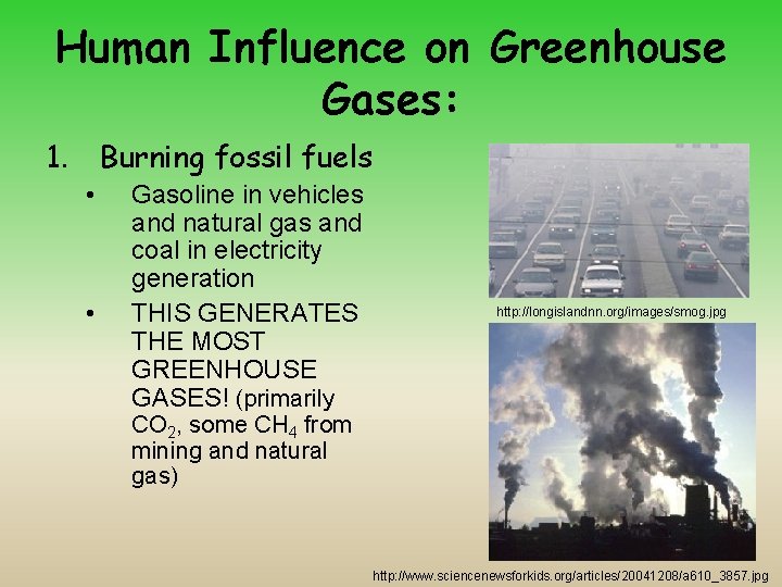 Human Influence on Greenhouse Gases: 1. Burning fossil fuels • • Gasoline in vehicles