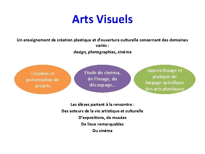 Arts Visuels Un enseignement de création plastique et d’ouverture culturelle concernant des domaines variés