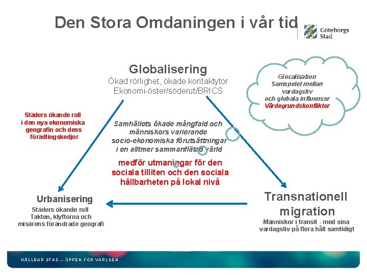 Den Stora Omdaningen i vår tid Globalisering Ökad rörlighet, ökade kontaktytor Ekonomi-öster/söderut/BRICS Städers ökande