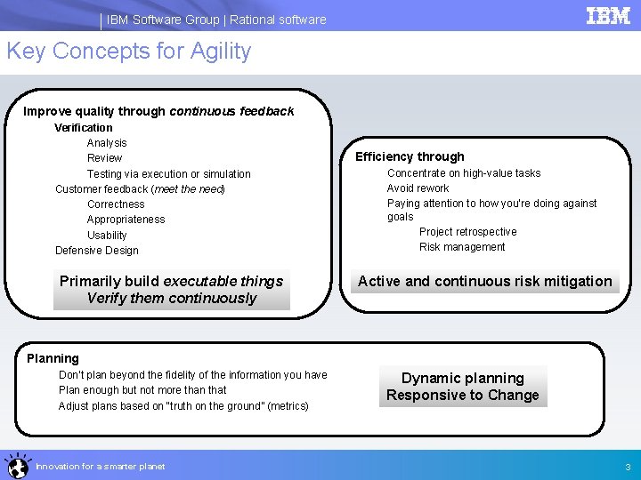 IBM Software Group | Rational software Key Concepts for Agility Improve quality through continuous