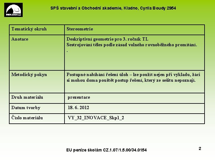 SPŠ stavební a Obchodní akademie, Kladno, Cyrila Boudy 2954 Tematický okruh Stereometrie Anotace Deskriptivní