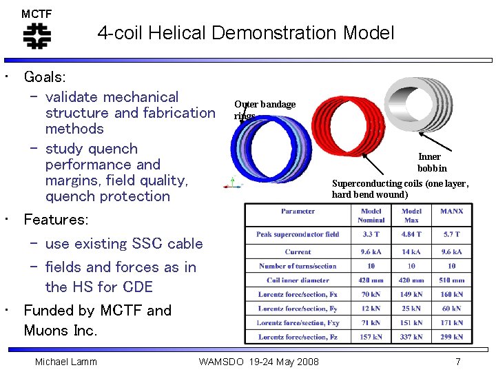 MCTF 4 -coil Helical Demonstration Model • Goals: – validate mechanical structure and fabrication