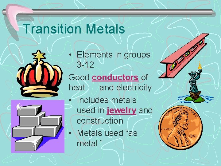 Transition Metals • Elements in groups 3 -12 Good conductors of heat and electricity