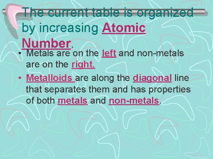 The current table is organized by increasing Atomic Number. • Metals are on the