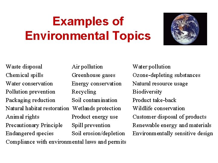 Examples of Environmental Topics Waste disposal Air pollution Chemical spills Greenhouse gases Water conservation