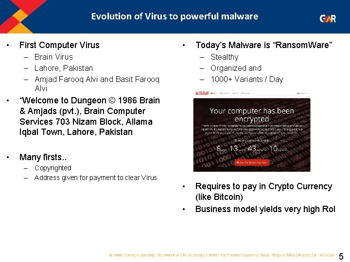 Evolution of Virus to powerful malware • First Computer Virus • – Brain Virus