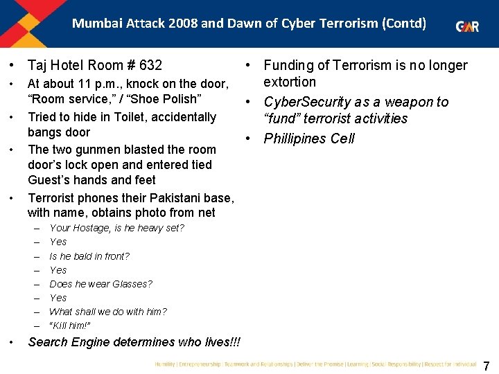 Mumbai Attack 2008 and Dawn of Cyber Terrorism (Contd) • Taj Hotel Room #