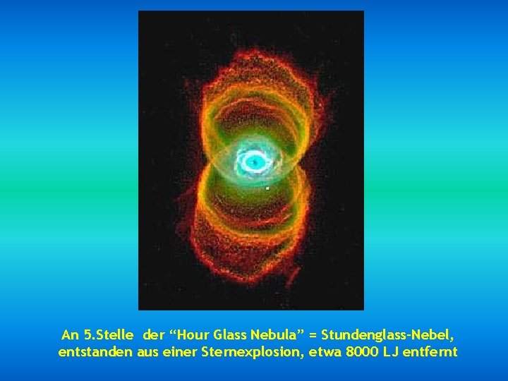 An 5. Stelle der “Hour Glass Nebula” = Stundenglass-Nebel, entstanden aus einer Sternexplosion, etwa