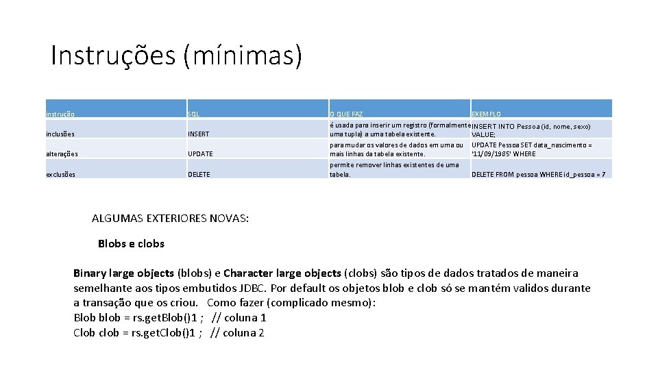 Instruções (mínimas) instrução SQL inclusões INSERT alterações UPDATE exclusões DELETE O QUE FAZ EXEMPLO