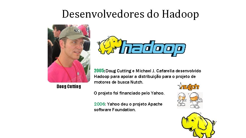 Desenvolvedores do Hadoop Doug Cutting 2005: Doug Cutting e Michael J. Cafarella desenvolvido Hadoop
