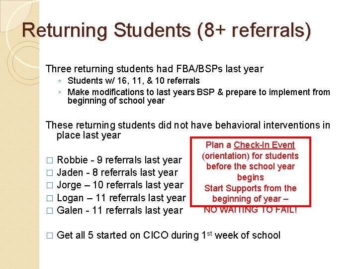Returning Students (8+ referrals) Three returning students had FBA/BSPs last year ◦ Students w/