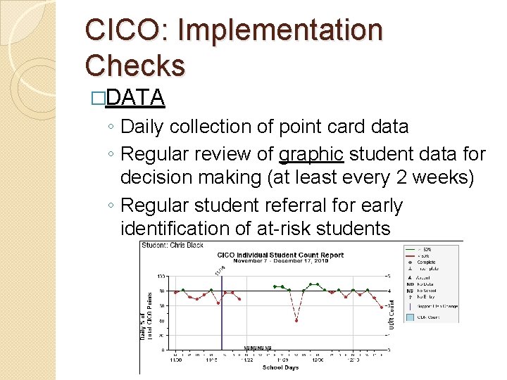 CICO: Implementation Checks �DATA ◦ Daily collection of point card data ◦ Regular review