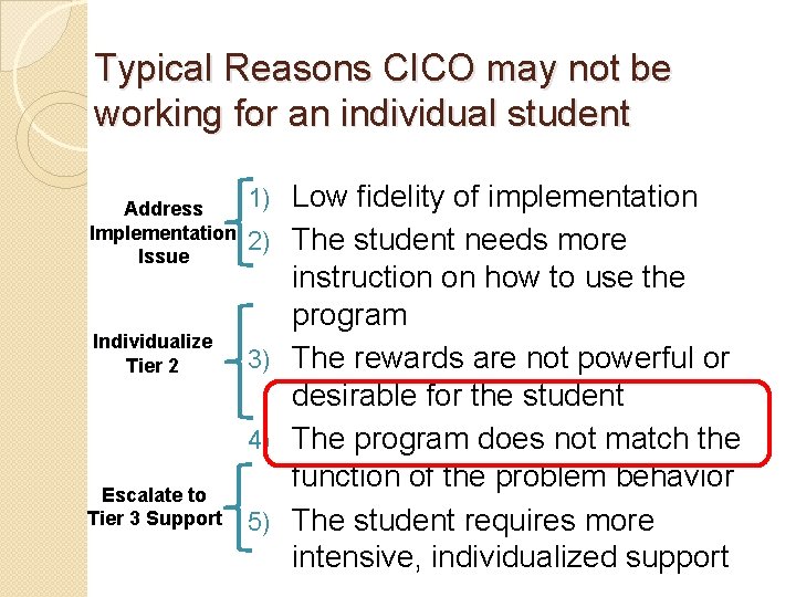 Typical Reasons CICO may not be working for an individual student Address Implementation Issue