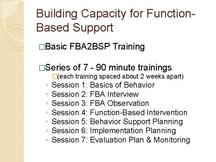 Building Capacity for Function. Based Support �Basic FBA 2 BSP Training �Series ◦ ◦