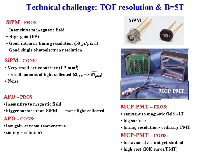Technical challenge: TOF resolution & B=5 T Si. PM - PROS: Si. PM •