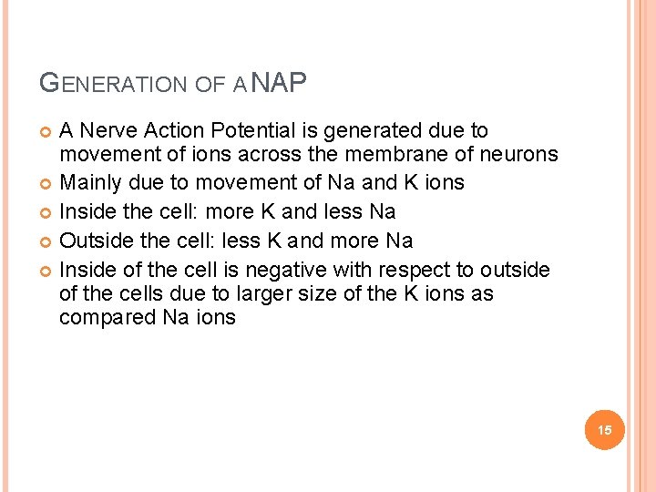 GENERATION OF A NAP A Nerve Action Potential is generated due to movement of