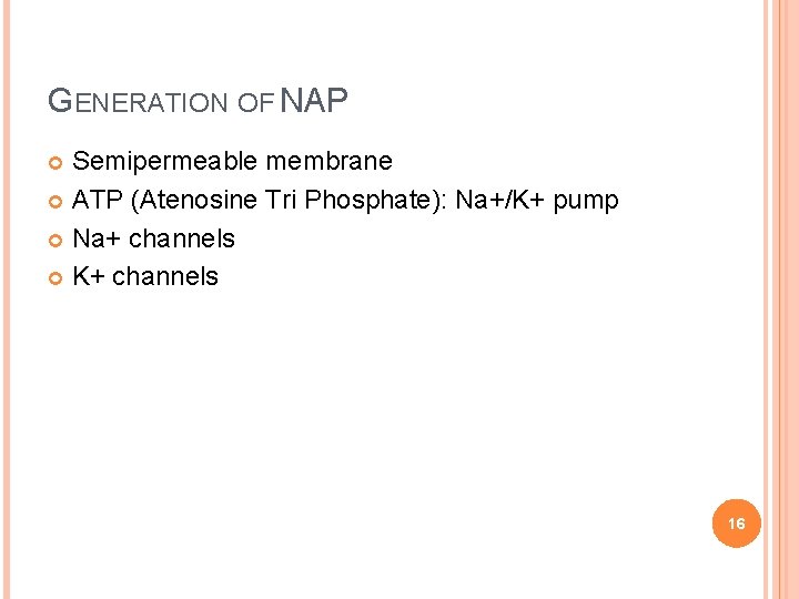 GENERATION OF NAP Semipermeable membrane ATP (Atenosine Tri Phosphate): Na+/K+ pump Na+ channels K+