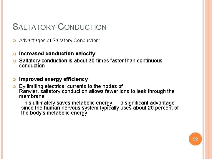 SALTATORY CONDUCTION Advantages of Saltatory Conduction: Increased conduction velocity Saltatory conduction is about 30