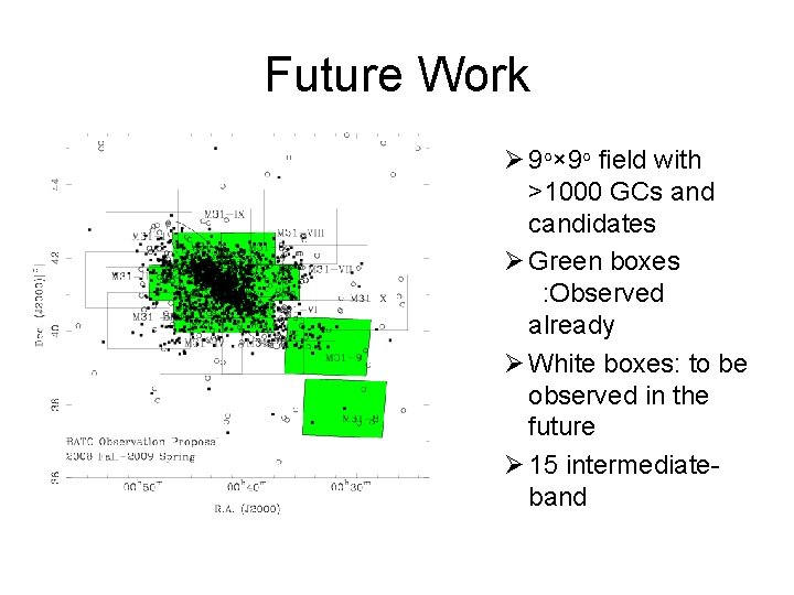 Future Work 9 o× 9 o field with >1000 GCs and candidates Green boxes