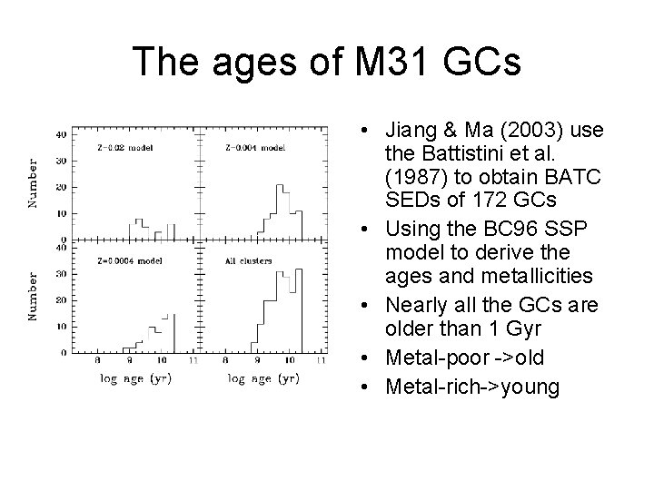 The ages of M 31 GCs • Jiang & Ma (2003) use the Battistini