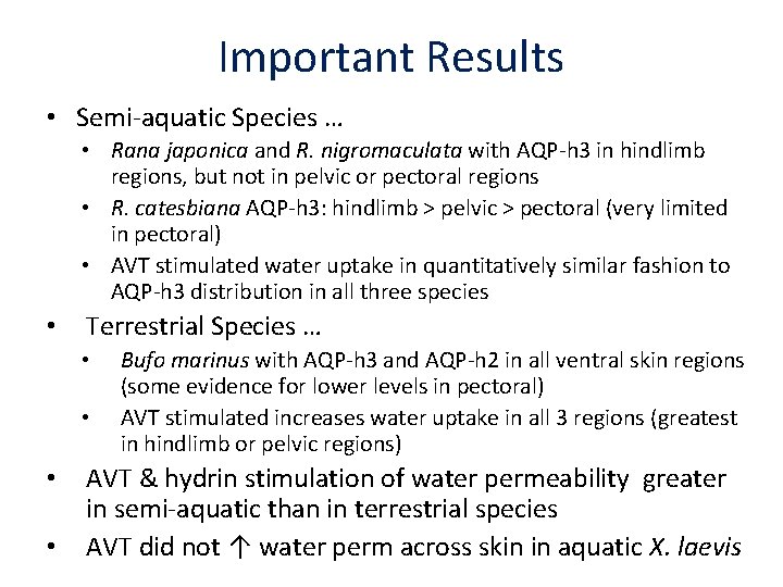 Important Results • Semi-aquatic Species … • Rana japonica and R. nigromaculata with AQP-h