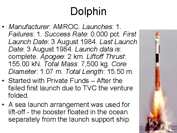 Dolphin • Manufacturer: AMROC. Launches: 1. Failures: 1. Success Rate: 0. 000 pct. First