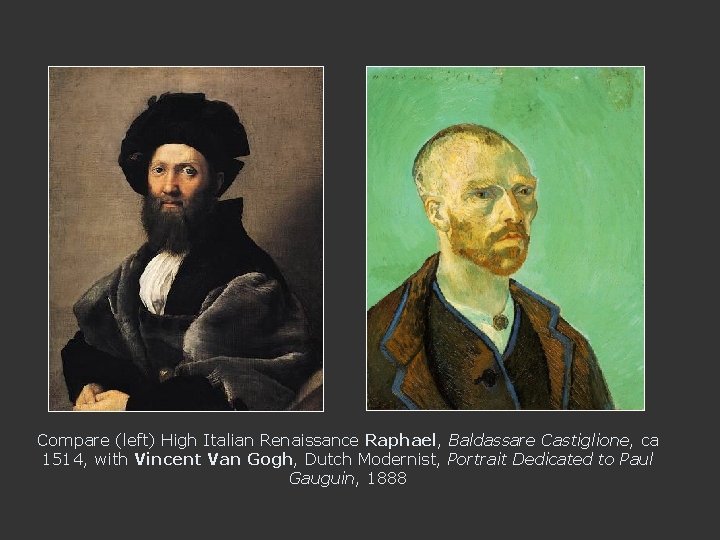 Compare (left) High Italian Renaissance Raphael, Baldassare Castiglione, ca 1514, with Vincent Van Gogh,
