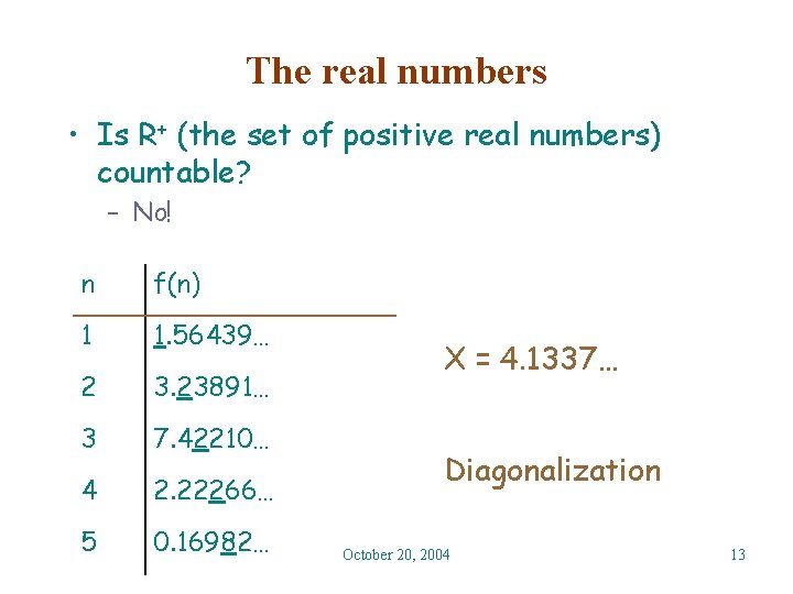 The real numbers • Is R+ (the set of positive real numbers) countable? –