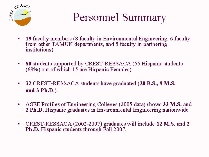 Personnel Summary • 19 faculty members (8 faculty in Environmental Engineering, 6 faculty from
