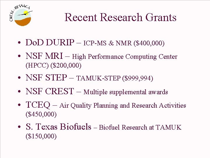 Recent Research Grants • Do. D DURIP – ICP-MS & NMR ($400, 000) •