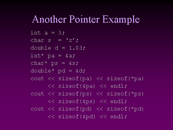 Another Pointer Example int a = 3; char s = ‘z’; double d =