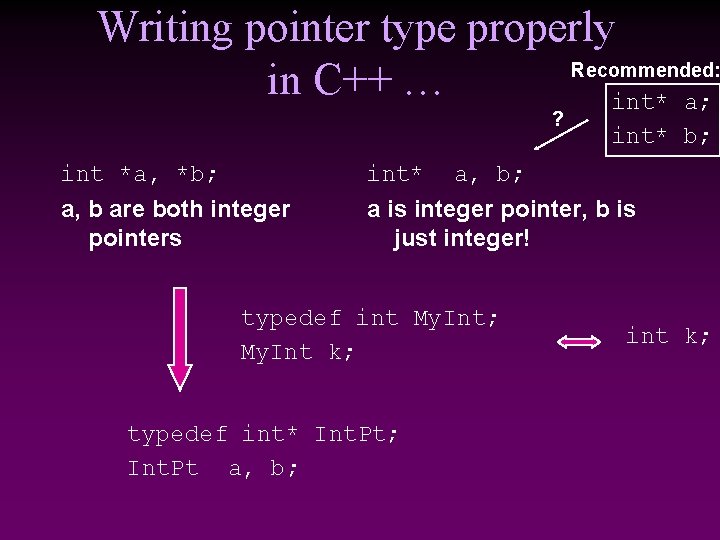 Writing pointer type properly Recommended: in C++ … int* a; ? int* b; int